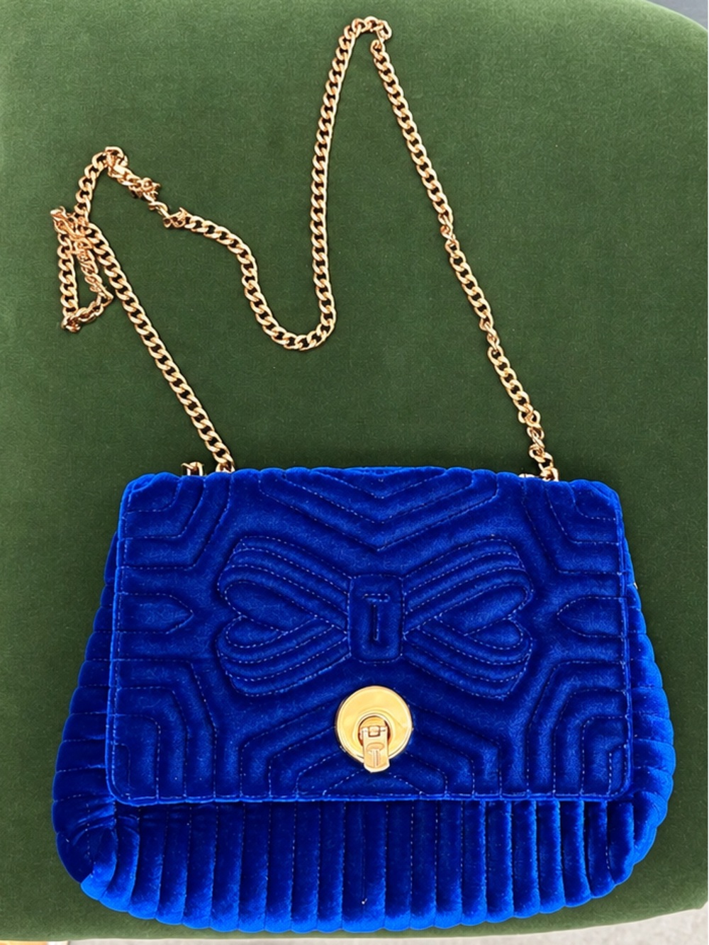 Ted Baker London Cobalt Blue Quilted Velvet Crossbody with Gold Chain.